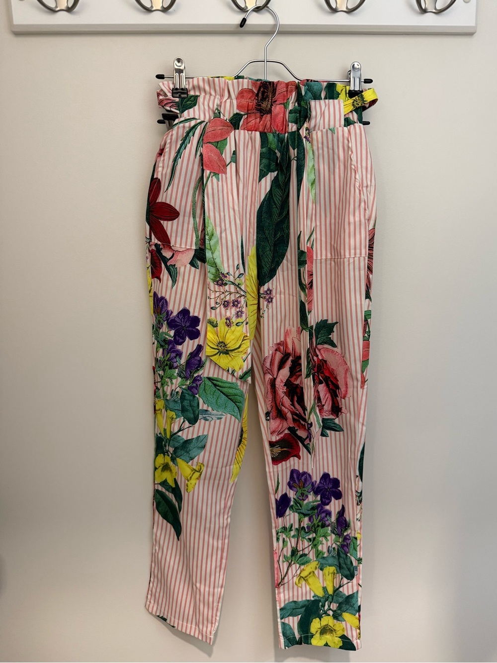 SHEIN Pink Striped Floral Paperbag Waist Trousers